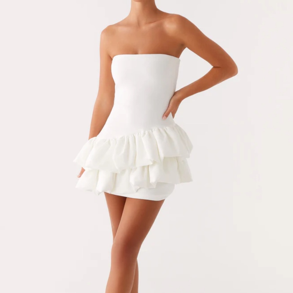 Peppermayo White Strapless Ruffle Mini Dress